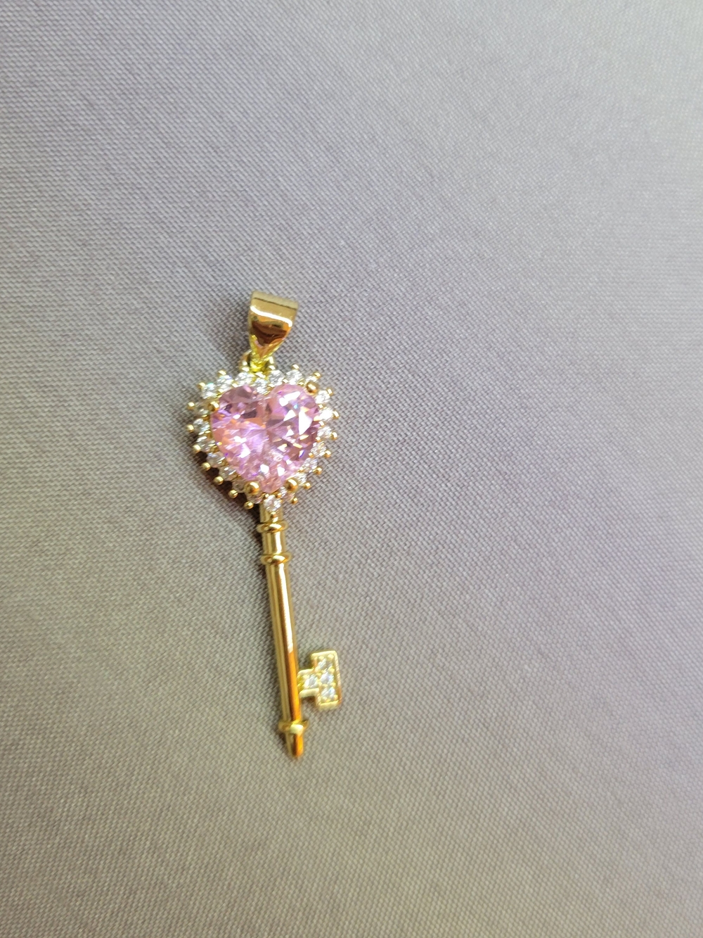 18k Gold Plated  Key Pendant Necklace with Pink Heart Gem